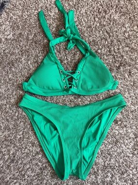 BECCA Green Ribbed Lace-Up Triangle Bikini